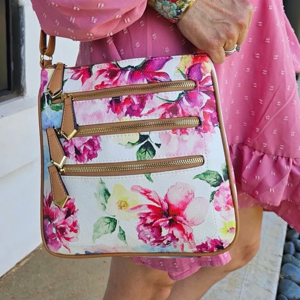 💛 Floral Multi-Zip Crossbody Bag – Pink Green Spring Shoulder Purse